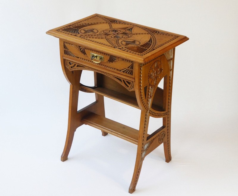 Antique Dutch Hand Carved Wooden Side Table Art Nouveau Chip Carved Sewing Table