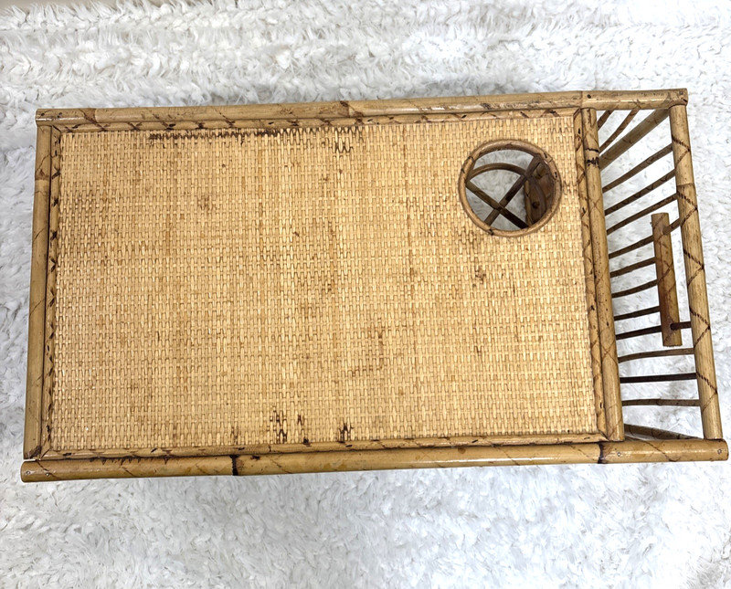 VTG 1970s Bamboo and Rattan Bed Tray Breakfast Tray Lap Desk Cup Magazine Holder gallery
