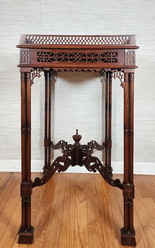 Chinese/Asian Chippendale Style Wood-Carved Fretwork Tea Table gallery