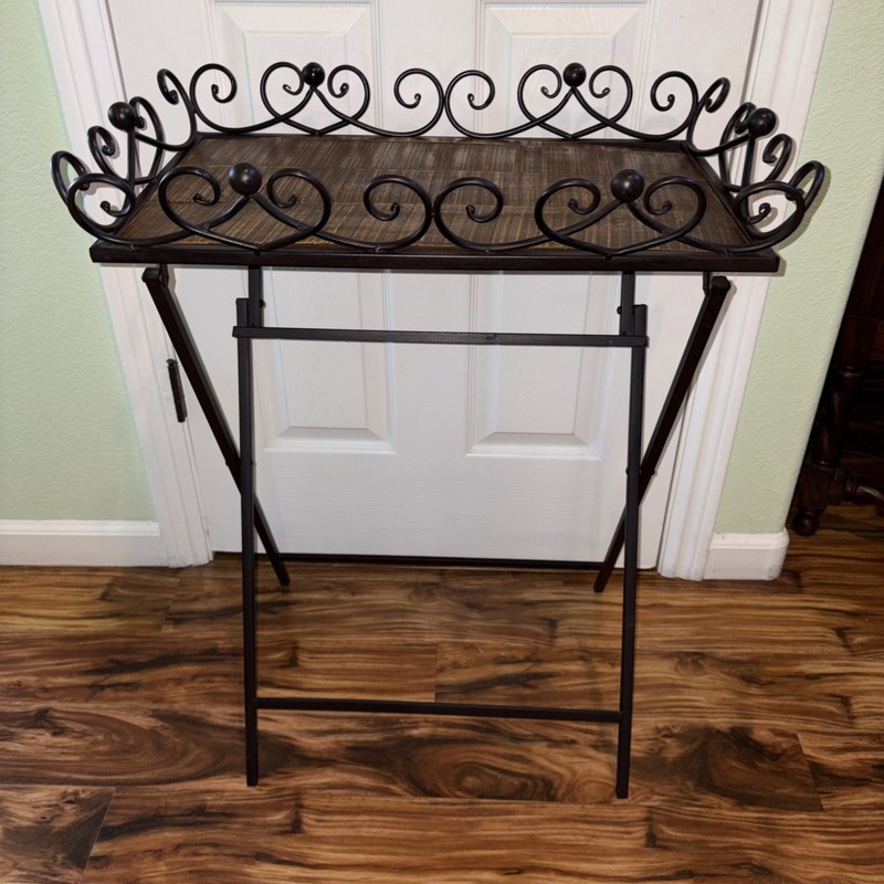 VTG-Black Iron Folding Butlers Tray Table -scroll Work and Parquet Wood Top