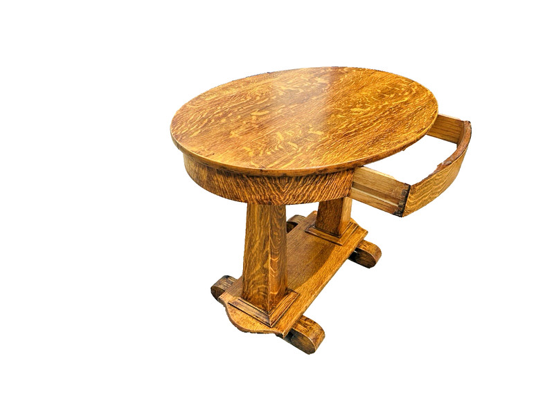 Beautiful Antique Quartersawn Tiger Oak Wood Oval Library Desk Pedestal Table gallery
