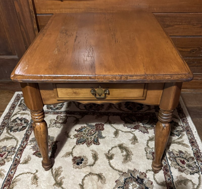Vintage Wood Side Table With Drawer 22” X 26” X 20 3/4”