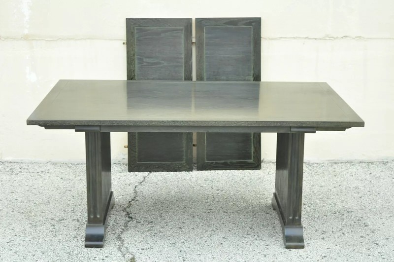 Gothic James Mont Style Green Cerused Oak Pedestal Dining Table by Enkeboll gallery