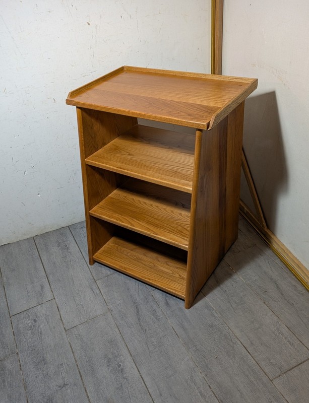Vintage Mid Century Modern Oak Wood Telephone Table Slanted Nightstand Shelf A