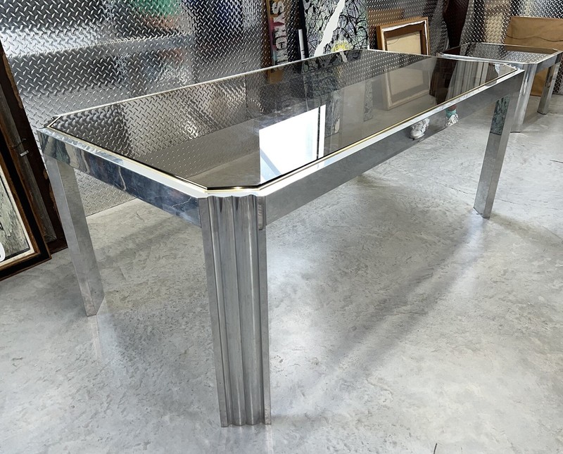 Italian Vintage Art Design Dining Table made of Aluminum, Brass, Tinted Glass