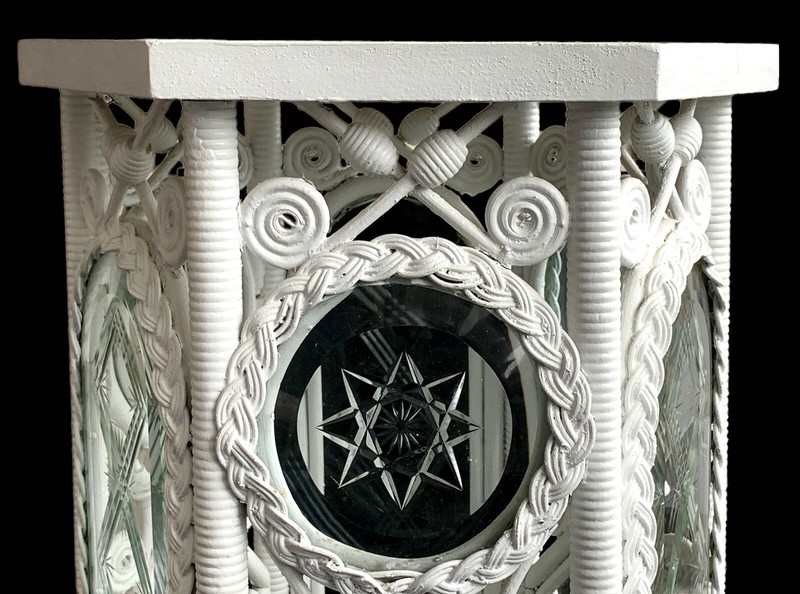 Antique Wicker Table ~ leaded & etched glass panels ~ rare ~ 1890s ~ hexagon gallery