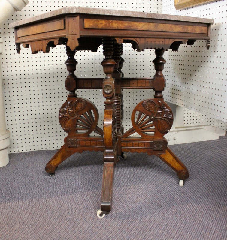 Eastlake Marble Top Table Walnut + Burl. Geometric + Foliate + Fan Carvings 1887 gallery