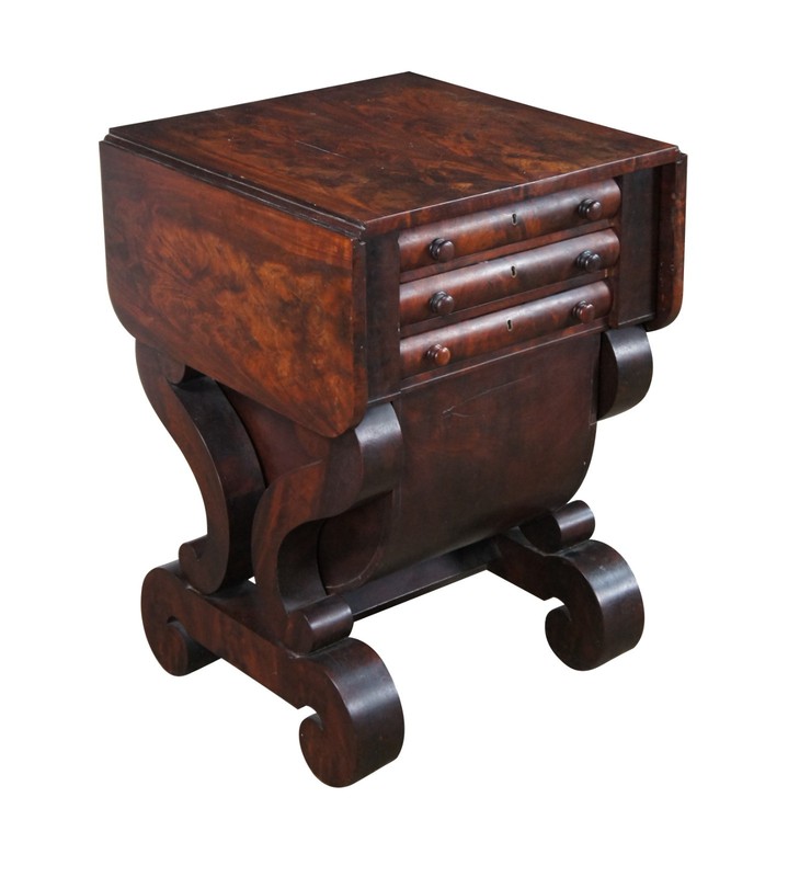 Antique American Empire Crotch Mahogany Drop Leaf Sewing Work Side Table Cabinet