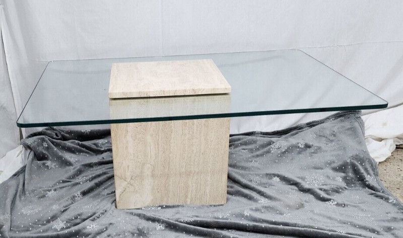 Travertine Coffee Table Unusual Cover Over Glass RARE! gallery