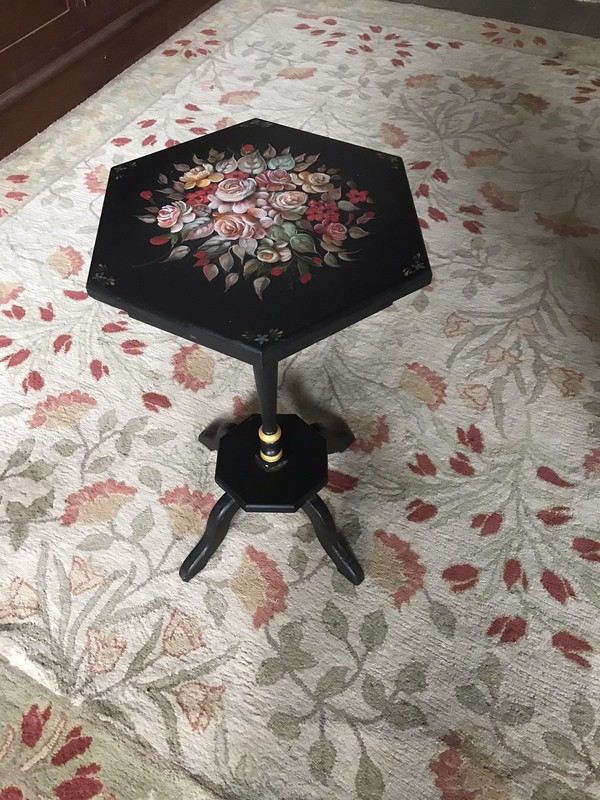 VTG HEXAGON BLACK TOLE PAINTED SIDE END TABLE 27 1/8” TALL X 16 3/4” WIDEST PART gallery
