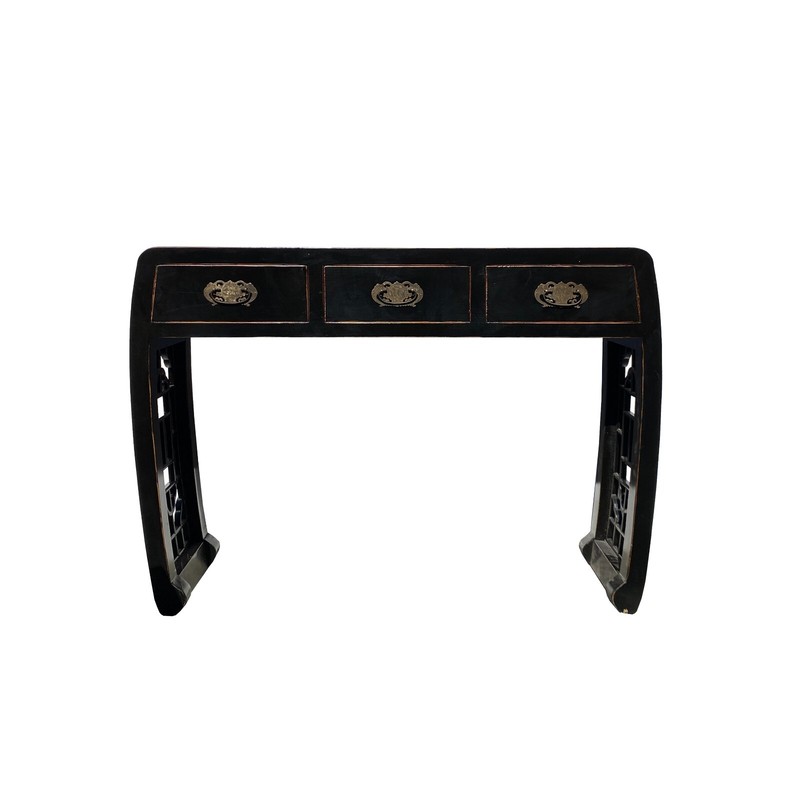 Black Lacquer Curve Panel Legs 3 Drawers Slim Foyer Side Table cs7370