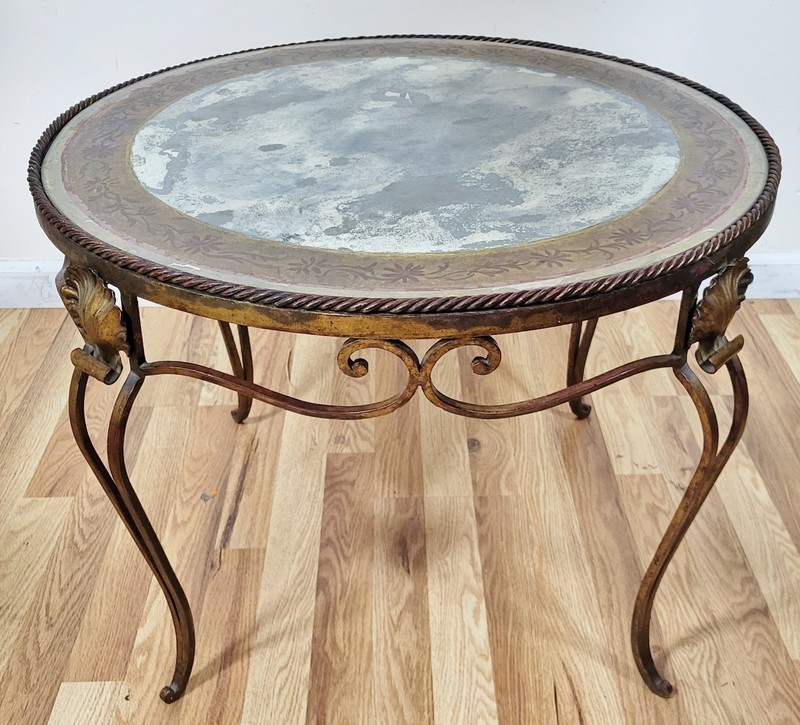 Vintage ITALIAN Mid-Century MODERN GILT Metal & MIRROR Shell ROUND COFFEE TABLE gallery