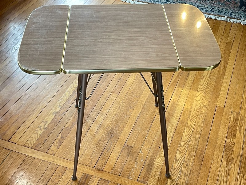 Mid-Century Modern Drop Leaf Dinette Table Atomic 1950s Formica Brass Trim Folds