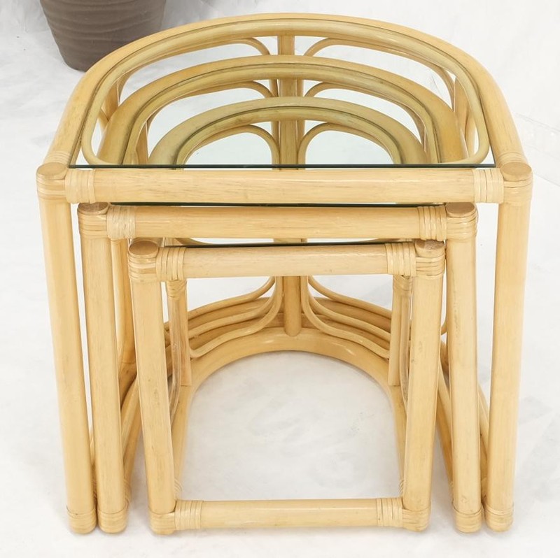 Bent Reed Bamboo Rattan Set of Three Stacking End Side Occasional Tables Stands gallery