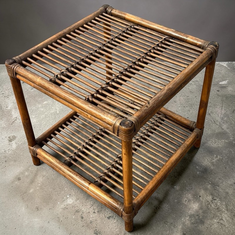 Pair Vintage Mid Century Bamboo Rattan Wicker Side End Table Stand Tiki Boho MCM gallery