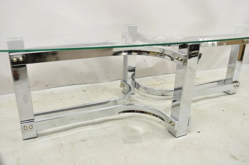Vintage Mid Century Modern Oval Glass Top Sculptural Chrome Frame Coffee Table gallery