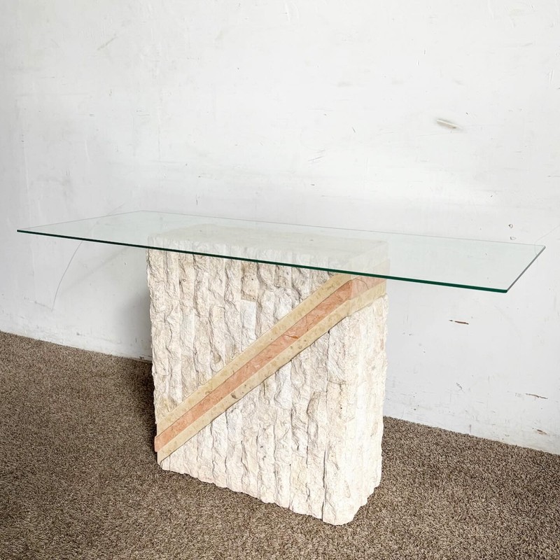 Postmodern Tessellated Pink and Beige Stone Glass Top Console Table