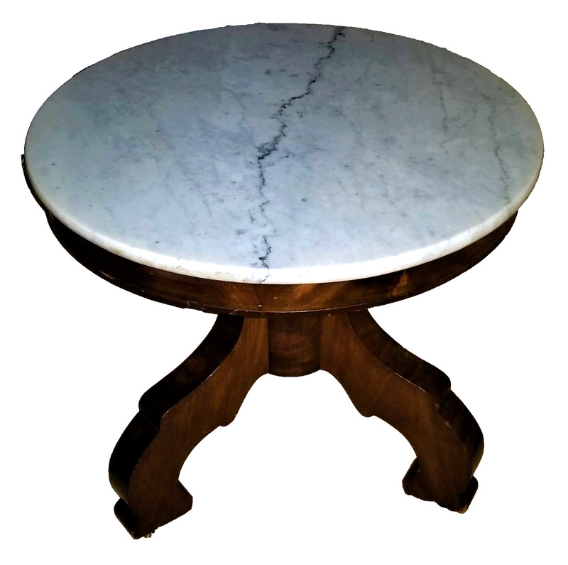 Foyer, Center TABLE, c1840 Empire Restauration, Mahogany, White Marble, 30" dia gallery