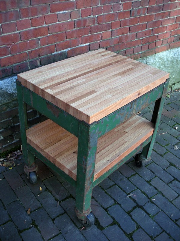 Vintage Industrial Factory Cart Steel Metal Stand Oak Wood Butcherblock Table