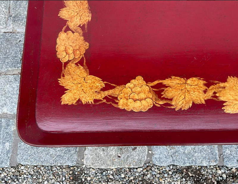 Hand Painted Red Tole Tray Top and Iron Base Coffee Table gallery