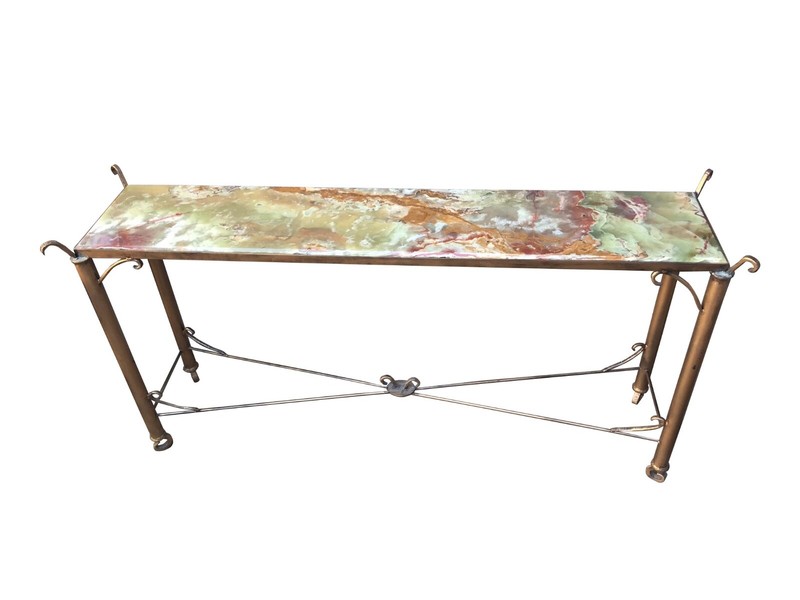 Vintage French Extra Long Green/Multi Onyx Top Console Table Iron Stand