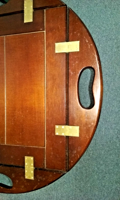 vtg Wood Serving Side Table w Folding Edges, Lift Off Top, Brass Hinges & Legs gallery