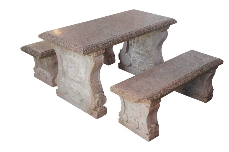 Vintage Italian Granite Carved Stone Outdoor Picnic Dining Table & Benches 50" gallery