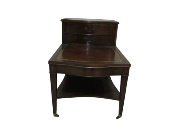 Antique Mahogany Wood Step Back Side Table Leather Inlay Wheels Tiered 2 Drawer