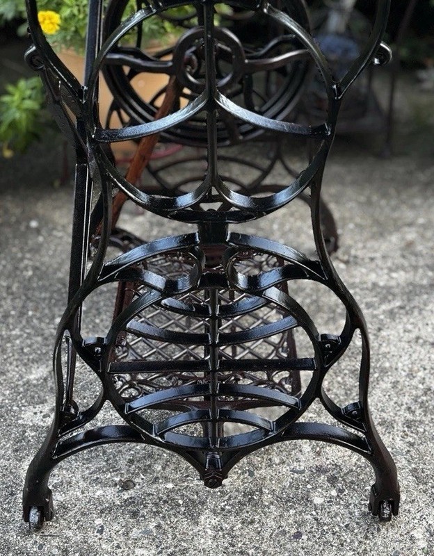 Vintage Treadle Sewing Table Glass Top w/ Mug Hooks Coffee Station Display Shelf gallery