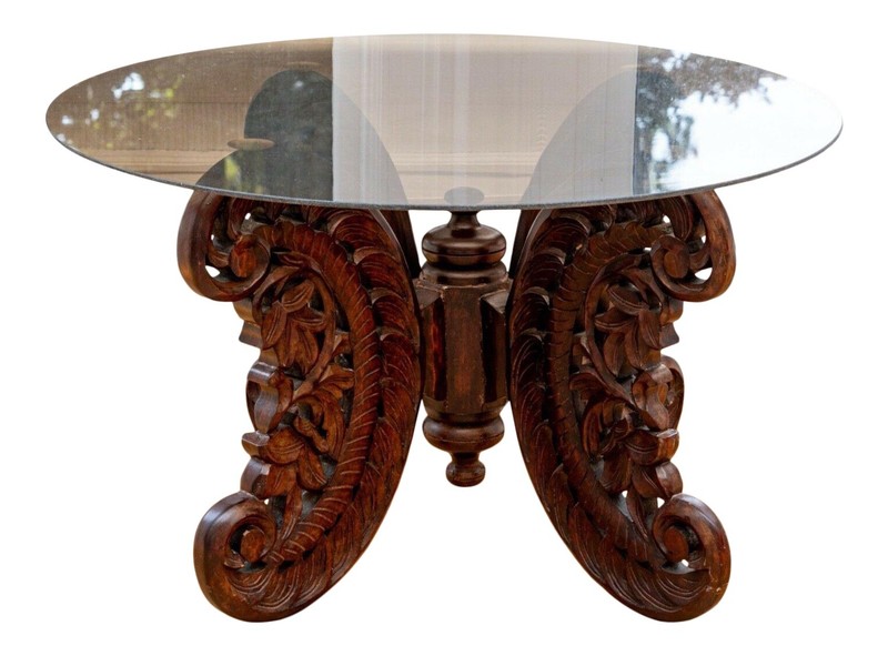 Heavily Hand-Carved Accent Table With Oval Tinted Glass Top