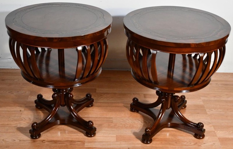 1930s Regency Flame Mahogany & Leather Top Pair of Side Tables / End Tables