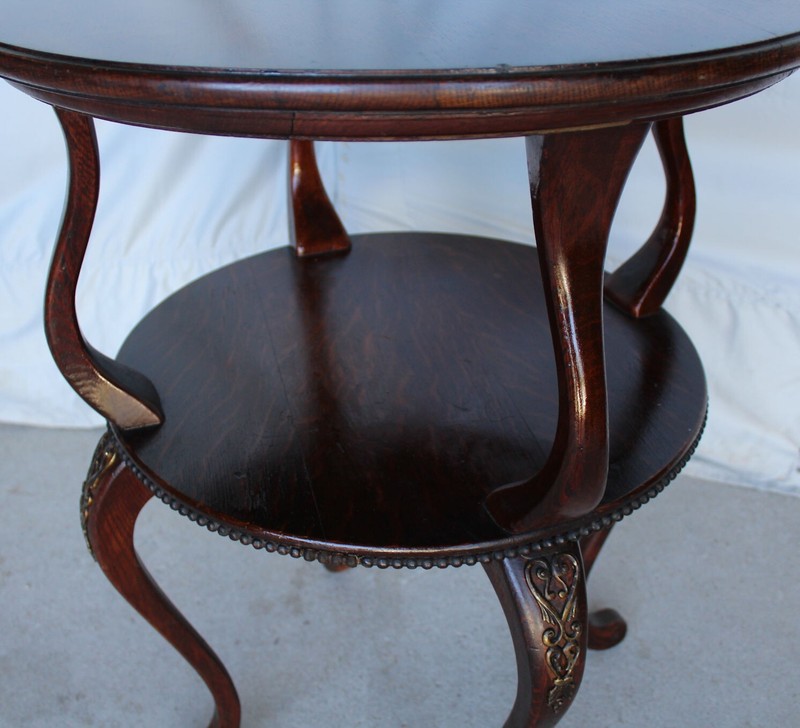 Antique Round Oak Tiered Lamp or Small Table – Beaded with Brass Ormulu gallery