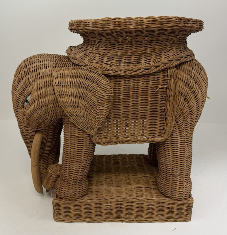 Vintage Boho Rattan Wicker Elephant Side Table Plant Stand