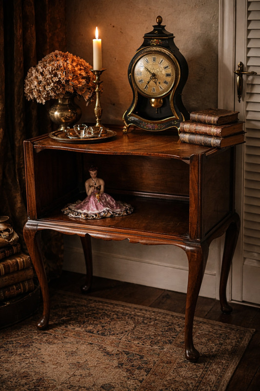 Vintage Queen Anne Side Table Walnut Veneer Cabriole Legs Wood Accent Nightstand