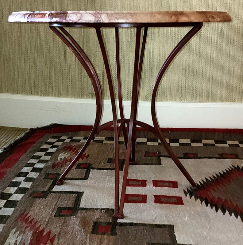 Vintage Matching Pair of Pink Marble Top Coffee Tables with Original Iron Bases gallery