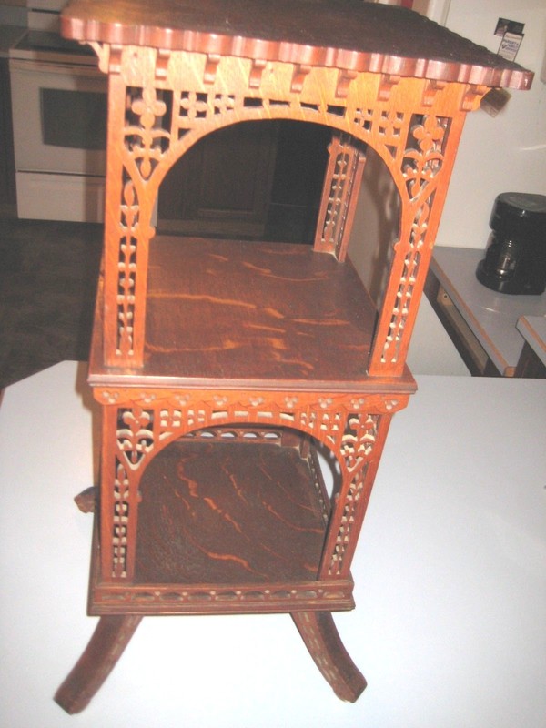 Fancy Scroll Frett Work Antique Victorian 1/4 Saw Oak Three Tiered table Stand gallery
