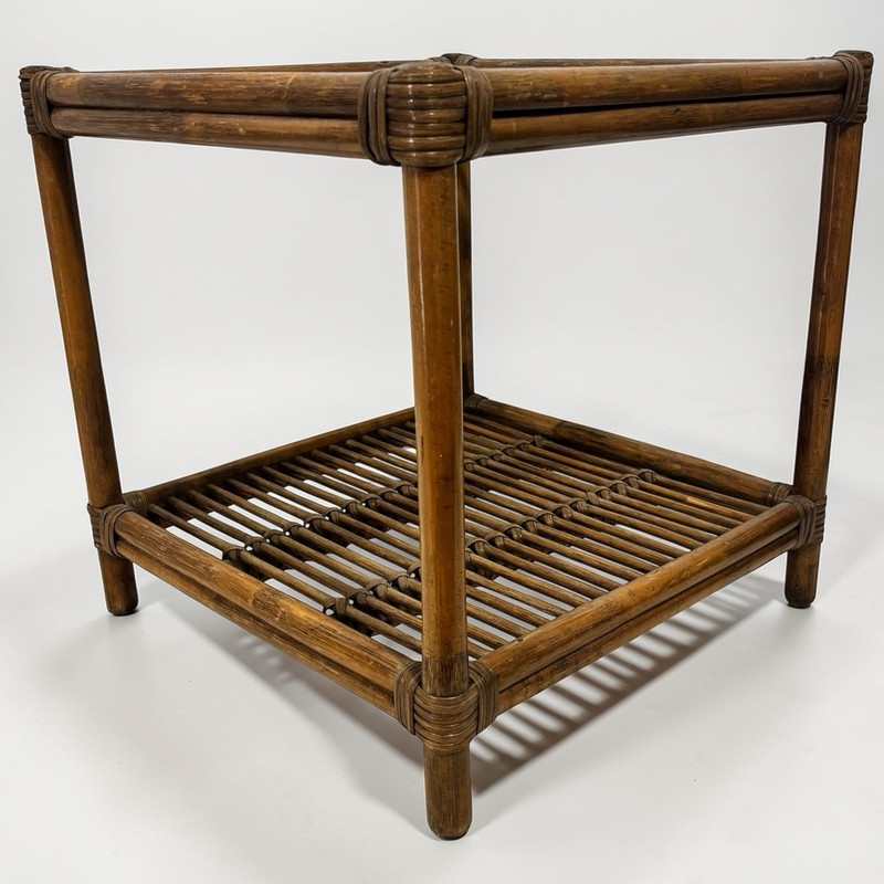 Pair Vintage Mid Century Bamboo Rattan Wicker Side End Table Stand Tiki Boho MCM gallery