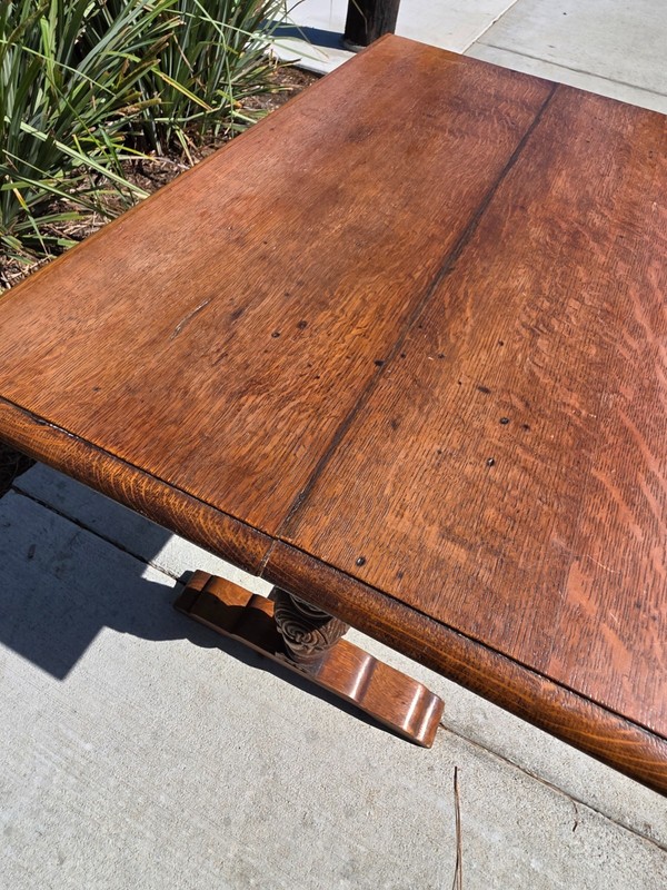 Antique Refectory Trestle Table Tiger Oak 1920s Jacobean Carved Small Desk 24"H gallery