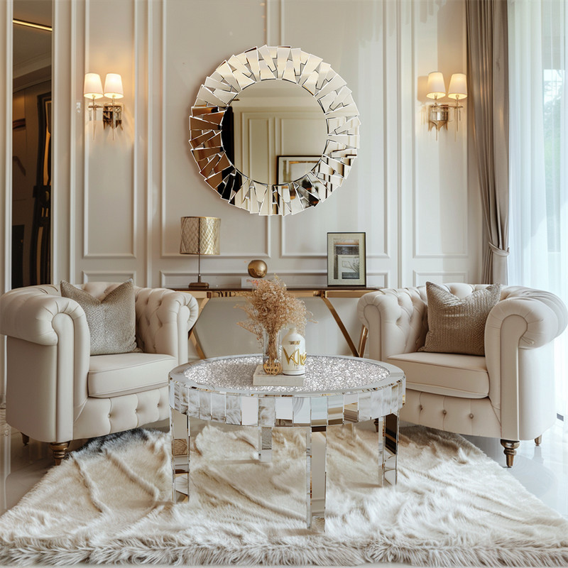 Mirrored Coffee Table Round Silver Accent Beveled Glass Edge Crystal Side Table gallery