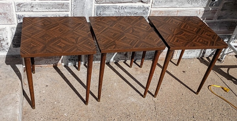 3 Vintage Mid Century Inlaid Look Woodgrain Laminate Stacking Nesting End Tables