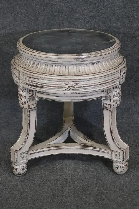 French Regency Style Distressed Finished Marble Top Round End Table Pedestal gallery