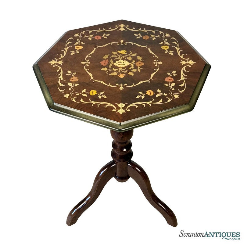 Vintage Italian Rococo Floral Marquetry Fruitwood Octagonal Side Table