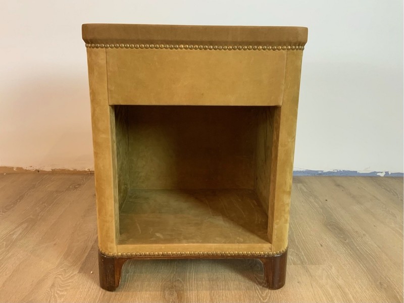 Mid-Century Suede Upholstered Square Side Tables—A Pair gallery