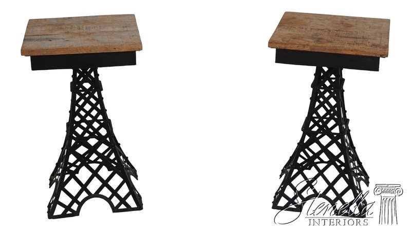 69401: Pair Metal Base Wood Top Eiffel Tower End Tables