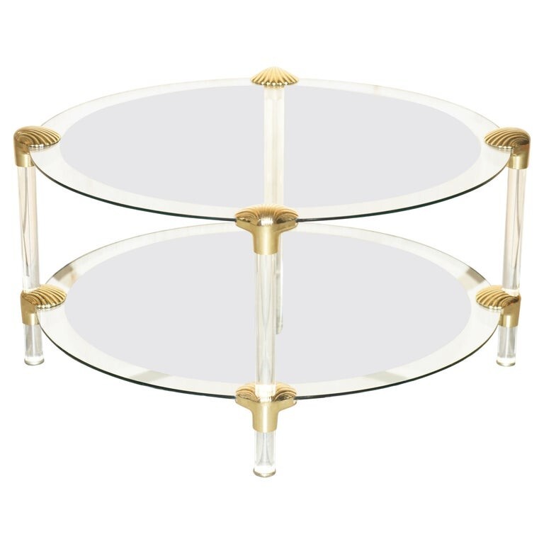 MID CENTURY MODERN BRASS & SILVERED GLASS SHELL MOUNTED TWO TIER COFFEE TABLE