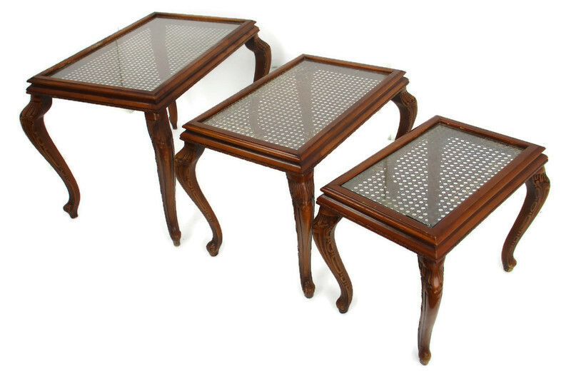 Vintage set of 3 Wooden Nesting Side Tables Cane Rush Glass Table Tops Louis XV