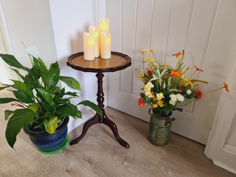Vintage Wooden Table Embossed Red Leather Pie Crust Edge Plant Pot Wine Candle