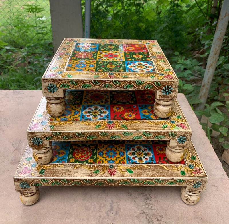 White HandMade Wooden Chowki Set Embossed Antique Design Wooden Table Low Stool