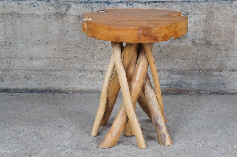 Rustic Adirondack Farmhouse Country Scalloped Slab Side Table Branch Base Stool gallery