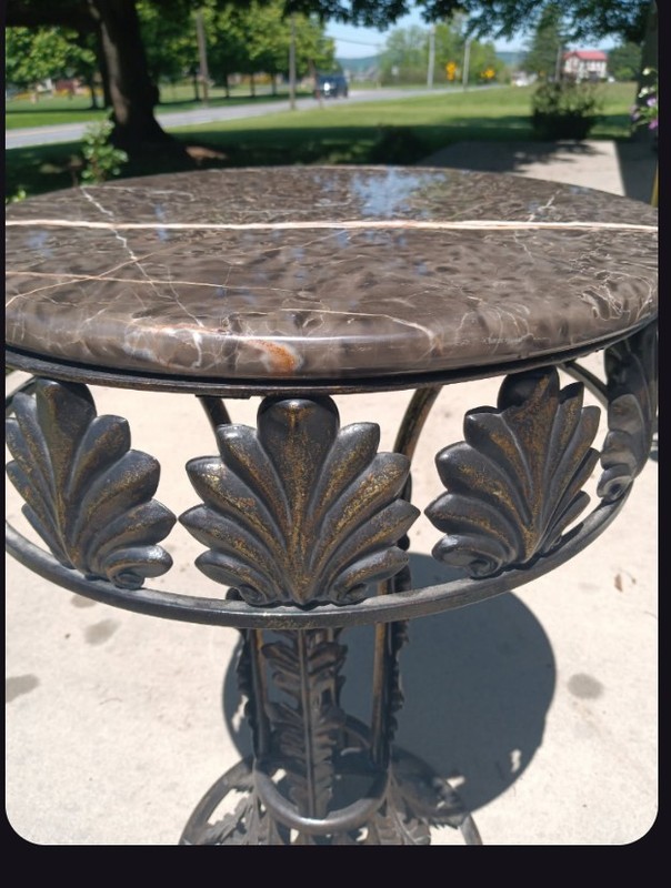 Vintage Hollywood Regency Marble Top Iron Fleur De Lis Leaves Plant Stand Side gallery